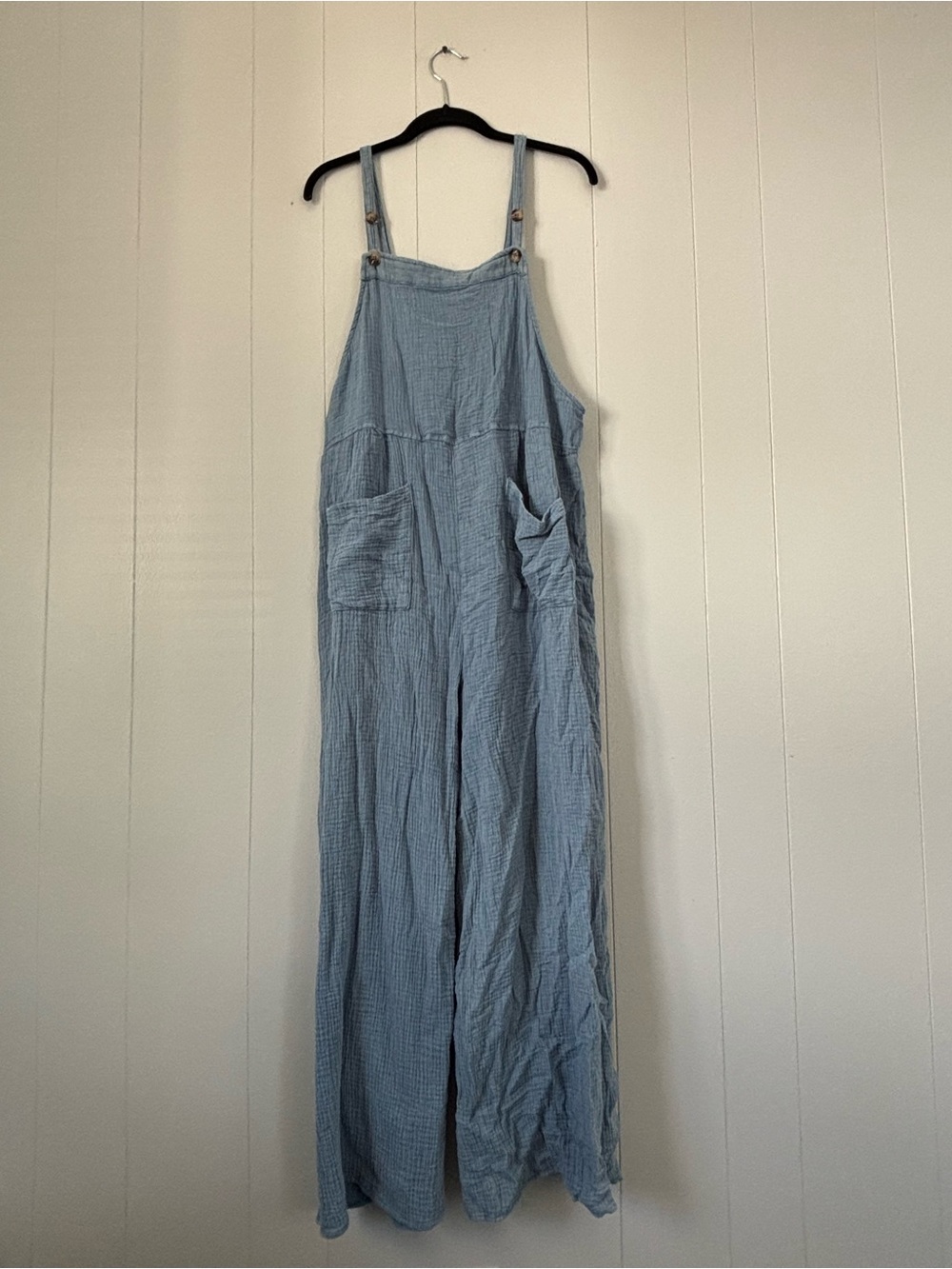 Heyson Light Blue Cotton Gauze Overalls Jumpsuit Wide Leg Pockets Size L